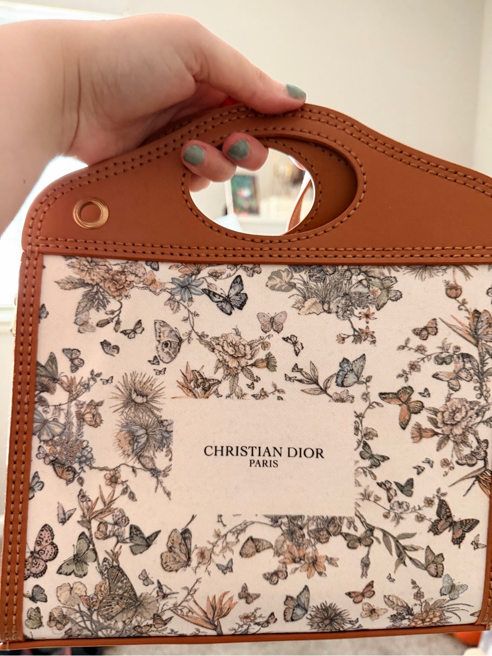 Dior Butterflies & Floral Canvas Tote with Tan Leather Trim